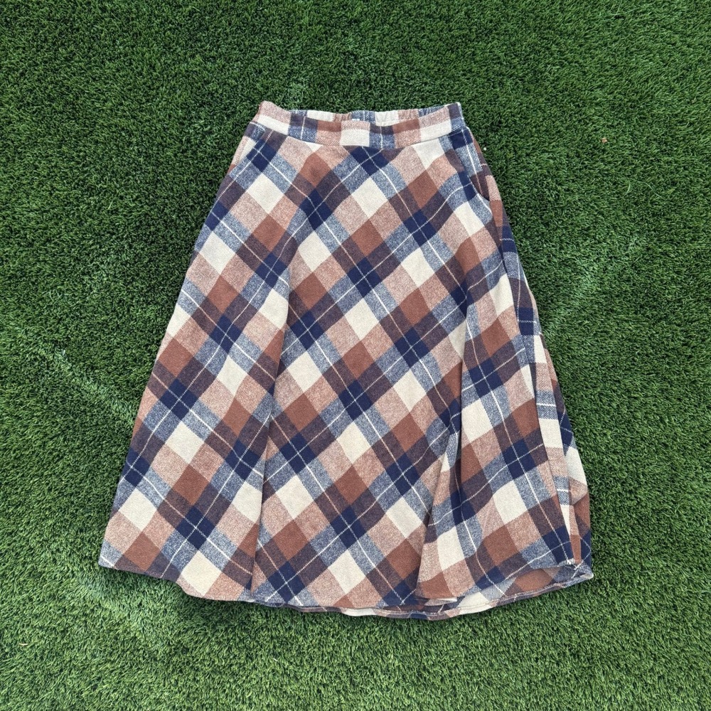 Ebossy Plaid A Line Midi Skirt Women's‎ XL Wool Blend Lined Brown Blue Beige